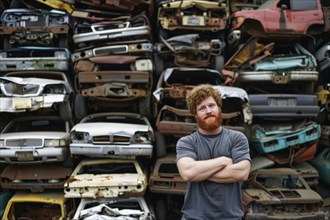 A red-haired man with a full beard, scrap dealer, in work clothes in a car junkyard, scrap yard, AI