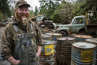 A red-haired man with a full beard, scrap dealer, in work clothes in a scrap yard, AI generated, AI