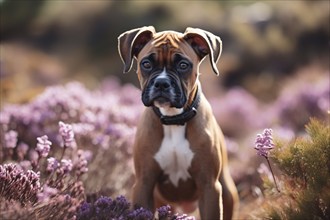 Boxer dog in field of purple heather flowers. KI generiert, generiert, AI generated