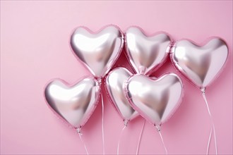 Pink Valentine's day heart shaped foil party balloons on pink background. KI generiert, generiert