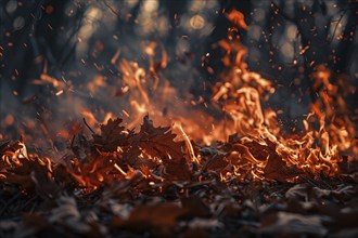 Close up of fire burning in forest. Generative Ai, AI generated