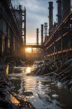 Disjointed remnants of an industrial complex overwhelmed by a massive water flood, AI generated