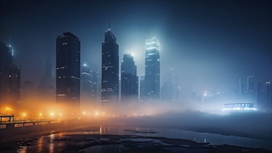 Cityscape emerging from a dense enveloping fog and skyscrapers piercing the haze, AI generated