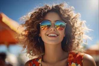 Portrait of a young woman with modern sunglasses with sandy beach in background, AI generated