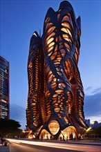 Futuristic skyscraper with termite mounds for natural ventilation and energy efficiency, AI