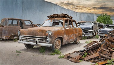 Rusty, abandoned cars and steel debris in a junkyard as the sun sets, symbolic photo, AI generated,