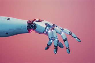 Artificial intelligence robot hand on pink background. KI generiert, generiert, AI generated