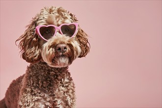 Cute labradpoodle dog with pink heart shaped Valentine's day glasses in front of pink background.