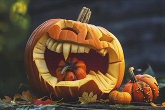 Carved Halloween pumpkin with spooky face and open mouth eating a small pumpkin. Genertaive AI, AI