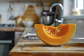 Slice of orange pumpkin with seeds on cutting board in kitchen. Generative AI, AI generated