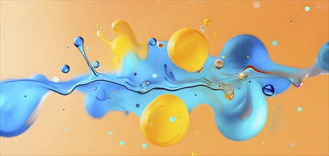 Abstract wallpaper with colorful turquoise and yellow blobs and liquid shapes on a orange