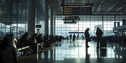 Airport gate with a crowd of waiting passengers, AI generated