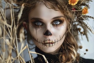 Face of young woman with Halloween zombie scarecrow costume makeup. Generative Ai, AI generated