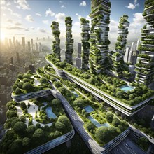 3d rendering of a futuristic green ecological city with skyscrapers draped in vertical gardens, AI