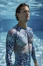 Male athlete in an innovative swimsuit emulating shark skins textures, AI generated