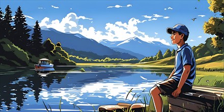 Cartoon vector illustration of a teen boy at a tranquil mountain lake, AI generated