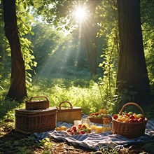 Midday picnic scene with healthy food and snacks in a sunny forest, AI generated