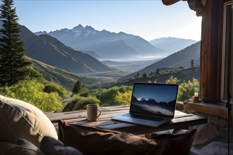 Remote working place enveloped in the tranquility of a mountainous outdoor surrounding, AI