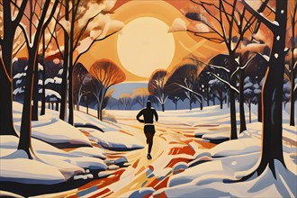 Wallpaper illustration of a jogger running through a park in winter with snow covered trees, AI