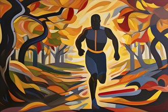 Wallpaper illustration of a jogger running through a park in vibrant autumn colors, AI generated