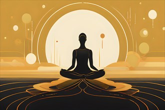 Abstract illustration of a tranquil figure in an asana yoga pose with fluid lines in soothing