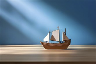 Vintage wooden sailing ship toy with a playful design in front of blurred background, AI generated