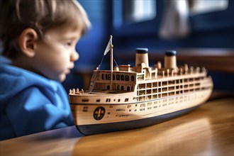 Vintage wooden cruise ship toy with a playful design in front of blurred background, AI generated