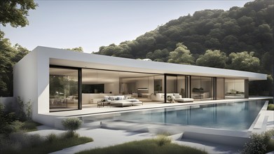 3d render of a modern sustainable house with a swimming pool, AI generated