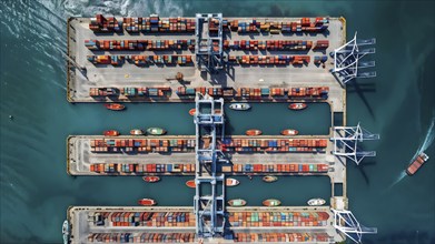 Aerial view of a cargo harbor with its geometric patterns of cranes and parked ships, AI generated