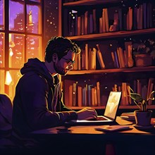 Vector art depiction of a user interacting with a laptop hidden away in a warm home ambiance, AI