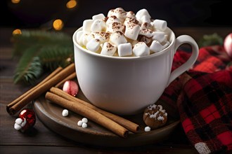 A close-up of a steaming cup of hot cocoa topped with marshmallows, surrounded by cinnamon sticks,