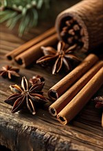 Christmas spices like cinnamon sticks, star anise, and cloves arranged on a wooden table, with soft