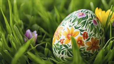 Painted Easter egg nestled in a bed of fresh green grass, showing intricate hand-painted floral