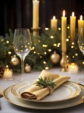 Beautifully decorated Christmas table setting with a golden napkin ring, sparkling cutlery, and a