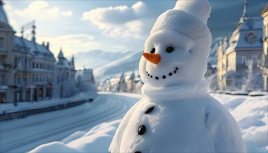 Snowman in an idylic winter urban scenery, snow-covered streets and buildings in background,