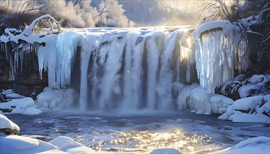 Winter landscape of a frozen waterfall, surrounded by icicles and snow-covered rocks, with the