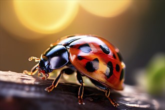 Close up of a ladybug illuminated by soft diffused light, AI generated