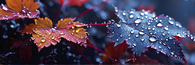 Water droplets on vibrant colored autumn leaves, AI generated