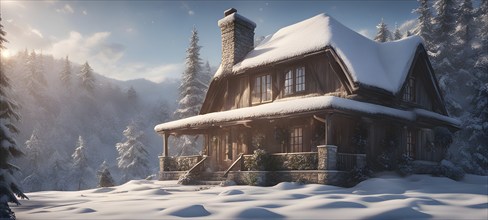 Snow-covered cottage with smoke from the chimney in a cozy and serene winter scene, AI generated