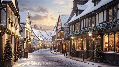 Wintery street scene in a small village with snow-covered rooftops in a warm golden light streaming