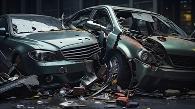 Close-up of car wrecks after a road accident, AI generated