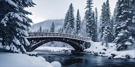 Serene scene of a snow-covered bridge arching over a frozen river, with softly falling snowflakes