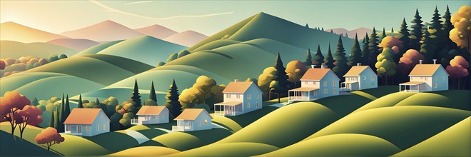 Landscape set in paper art style featuring houses tucked between verdant trees and rolling hills,