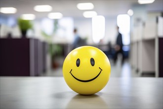 Round yellow ball with smiling face in office. Concept for happy workplace. KI generiert, generiert