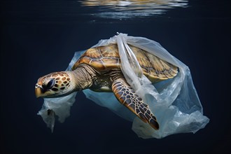 Plastic pollution of ocean concept with sea turted caught in plastic bag. KI generiert, generiert