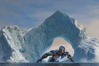 Humanoid cyborg springing out of the water in front of a melting Antarctic iceberg, AI generated