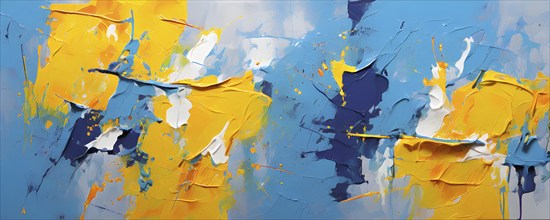 AI generated abstract art showcasing a dynamic splash of blue and yellow colors in panoramic format