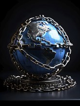 AI generated conceptual digital render showing a globe ensnared and locked by rusting steel chains