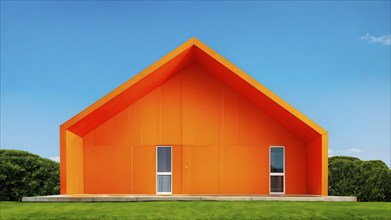 AI generated vibrant tangerine hued paper house in front of blue sky