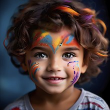 Close up Portrait of a child with a vibrant splash of face paint, AI generated